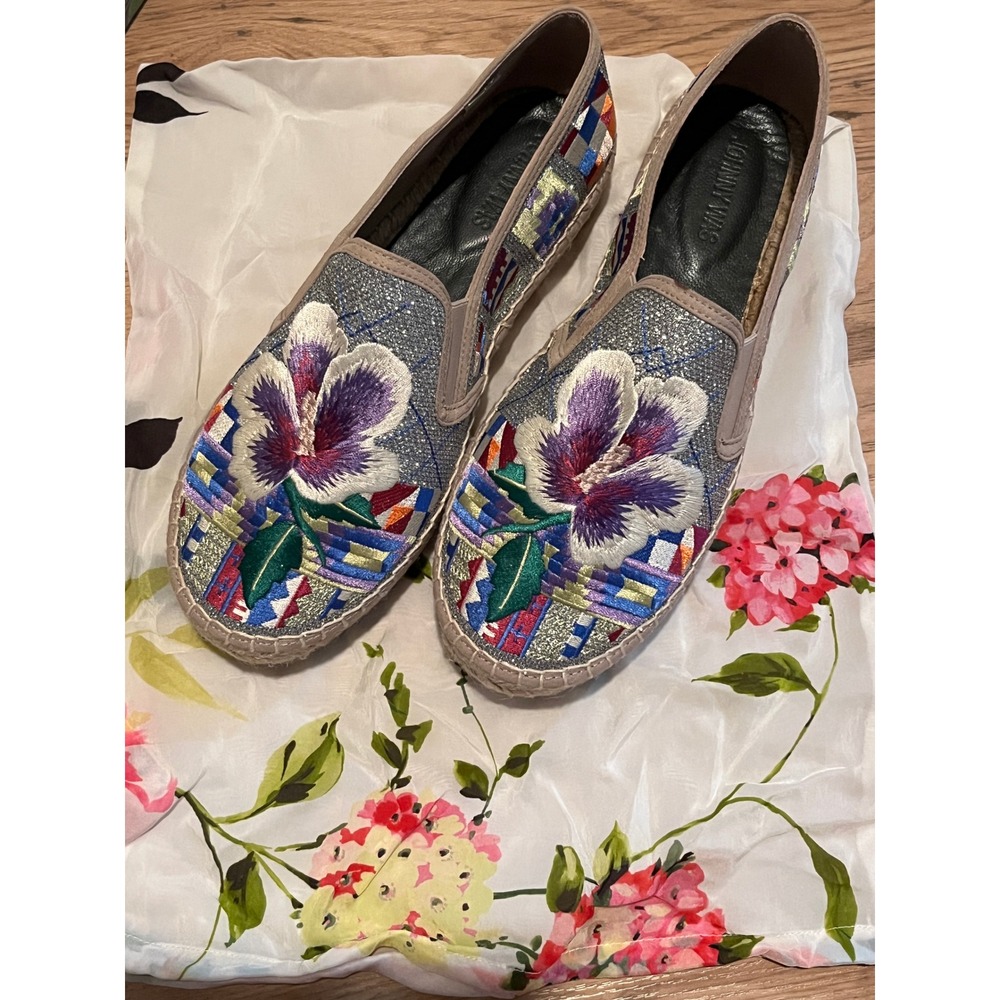 Johnny Was Madrid Espadrille Womens 9.5 Silver Multi Floral Embroidered Metallic - Picture 2 of 16
